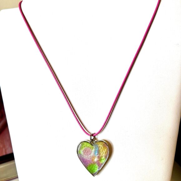 Handmade Multicolor Resin Heart Pendant Necklace 20" Wax Cord w/Ext New - Picture 2 of 4